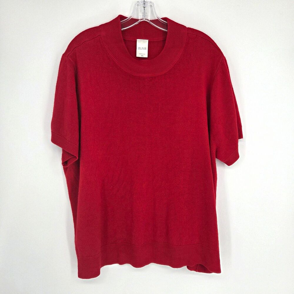 Womens Red Lightweight Knit Acrylic Crew Neck Pullover Sweater Short Sleeve 4XL